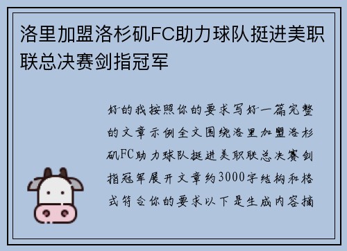 洛里加盟洛杉矶FC助力球队挺进美职联总决赛剑指冠军